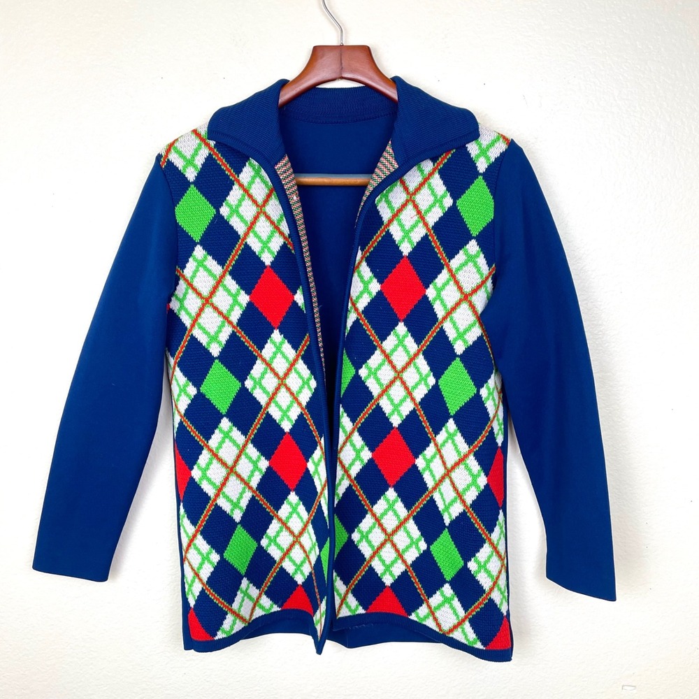 Vintage 70s Sz M Cardigan Argyle Twee Indie Grunge Nerd Retro Hipster Plaid
